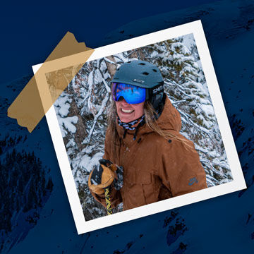 scrapbook-style image of woman in ski gear smiling in front of snowy trees over blue mountain background