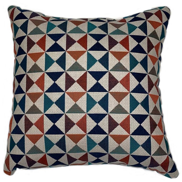 Patterned Cushion with red, blue, and orange Triangle