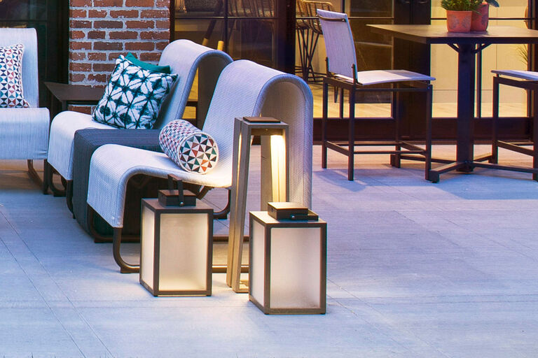 Solar Powered Floor Lanterns on Patio at Night