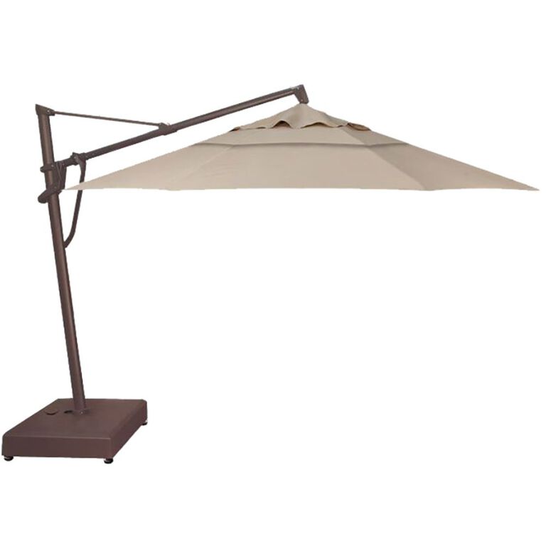 Beige Patio Umbrella on Cantilever With Wheeled Base