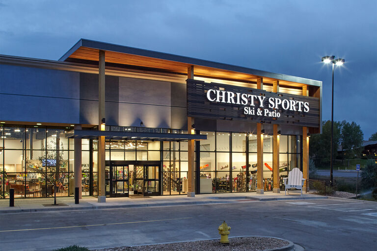 Exterior of Christy Sports store in Park Meadows at night