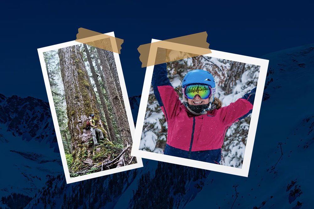 scrapbook-style images of Charlotte hiking and skiing over a blue mountain background 