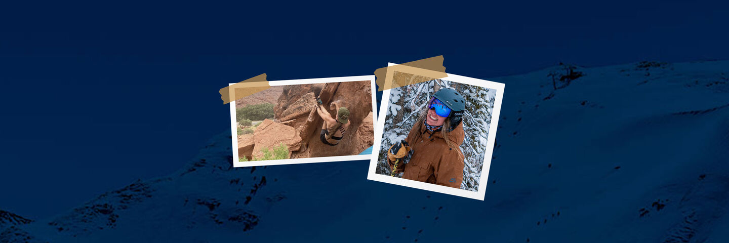 scrapbook style images of clare rock climbing and skiing over blue mountain background