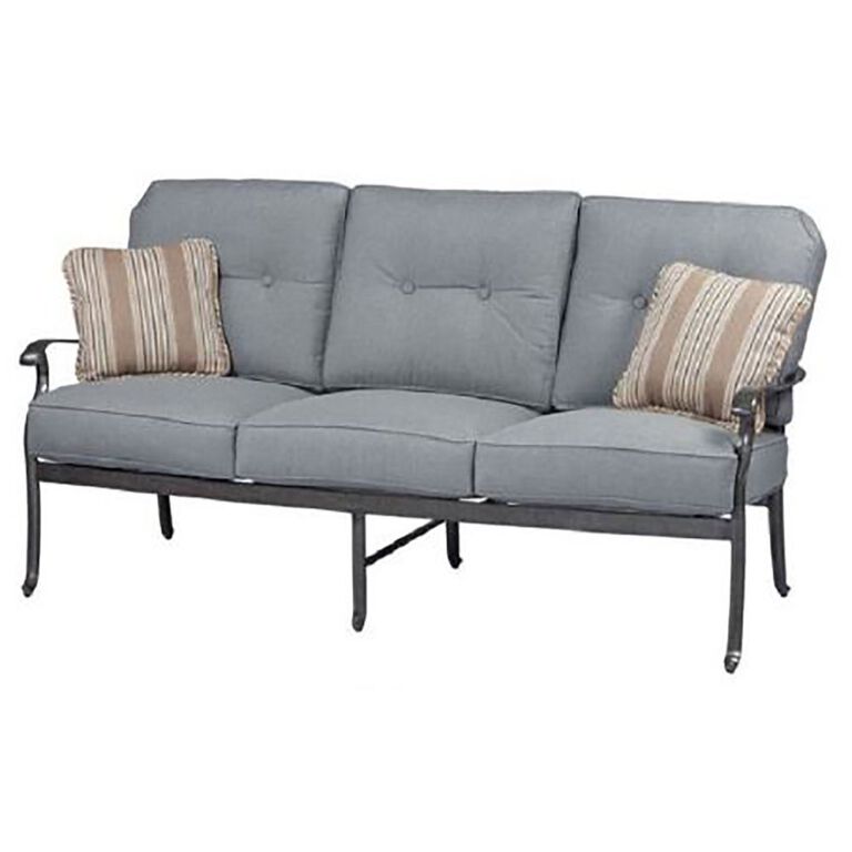 Patio Sofa with black metal frame and grey cushions
