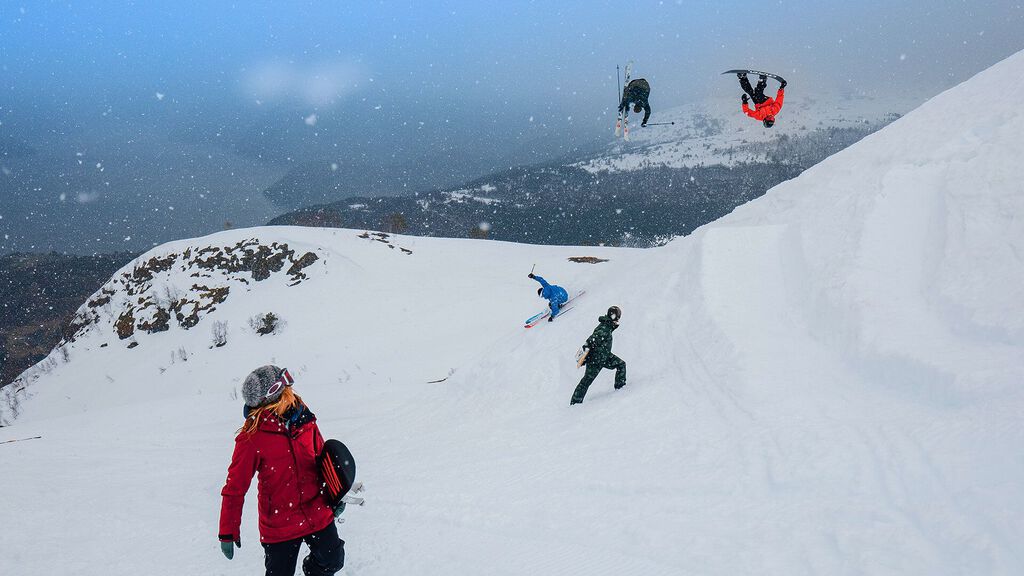 Collage of multiple skiers and riders sporting Oakley gear