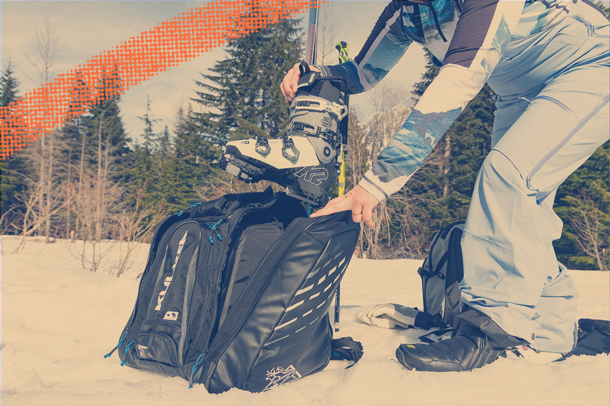 Putting ski boot into a boot bag
