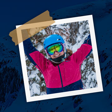 scrapbook-style image of woman in pink ski jacket with hands in the air in front of snowy trees
