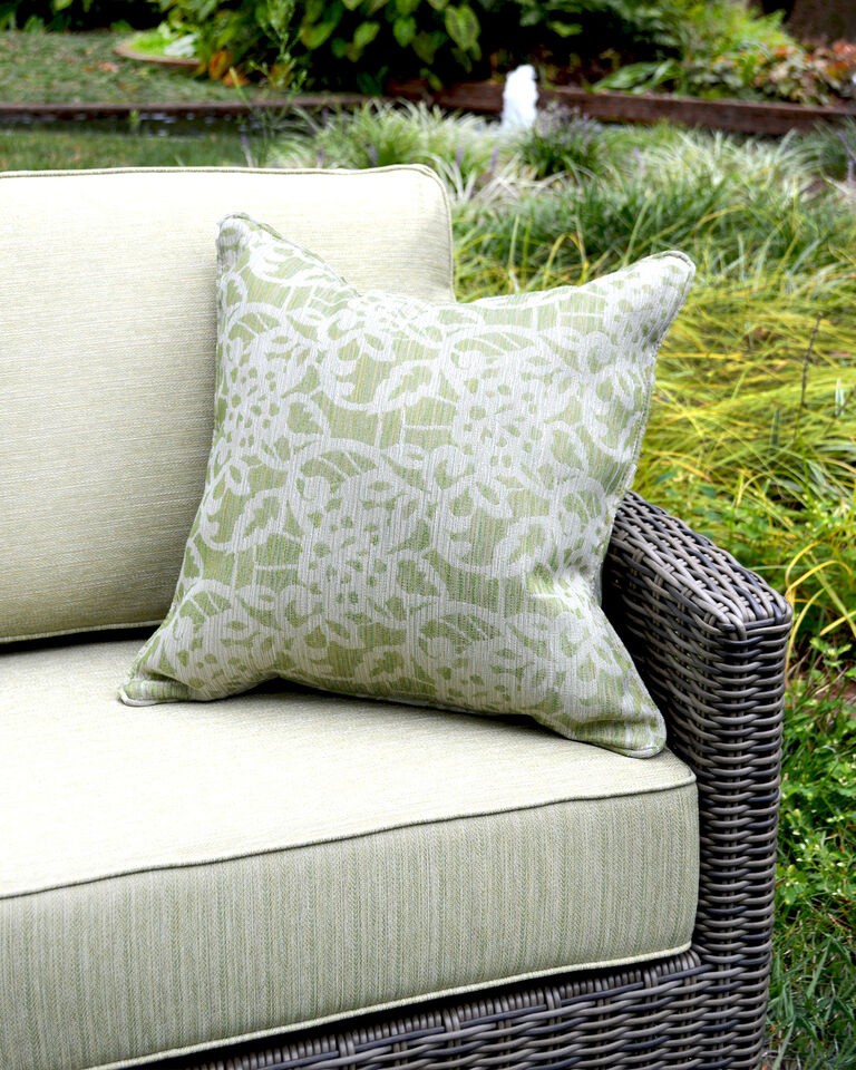 Durable outdoor cushions & pillows with Sunbrella fabric on woven loveseat