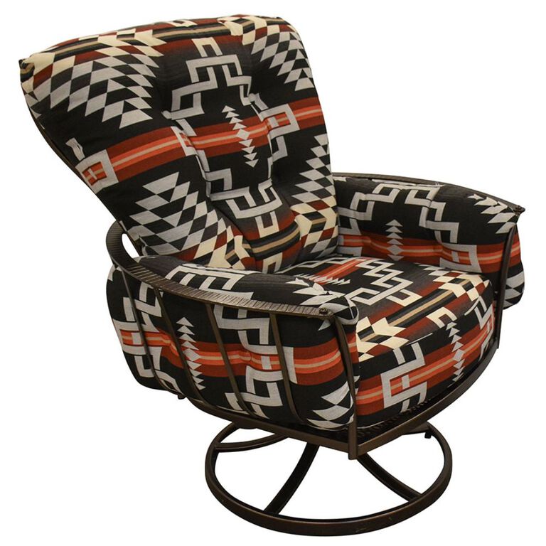 Swivel Patio Chair with thick Cushion and red, brown and tan pattern