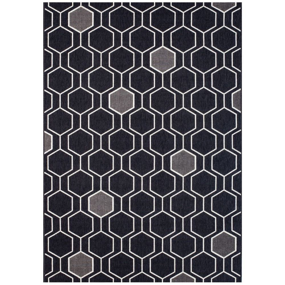 Black and Grey Geometric Rug with Hexagon Pattern
