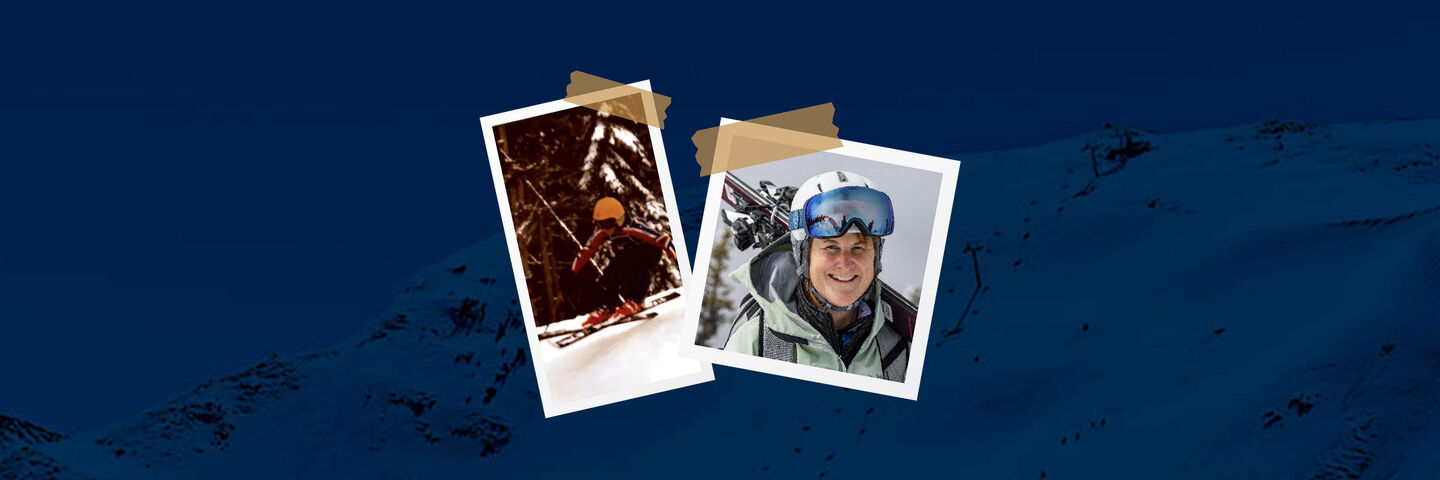 scrapbook style images of Tracy as a child and as an adult over blue mountain background