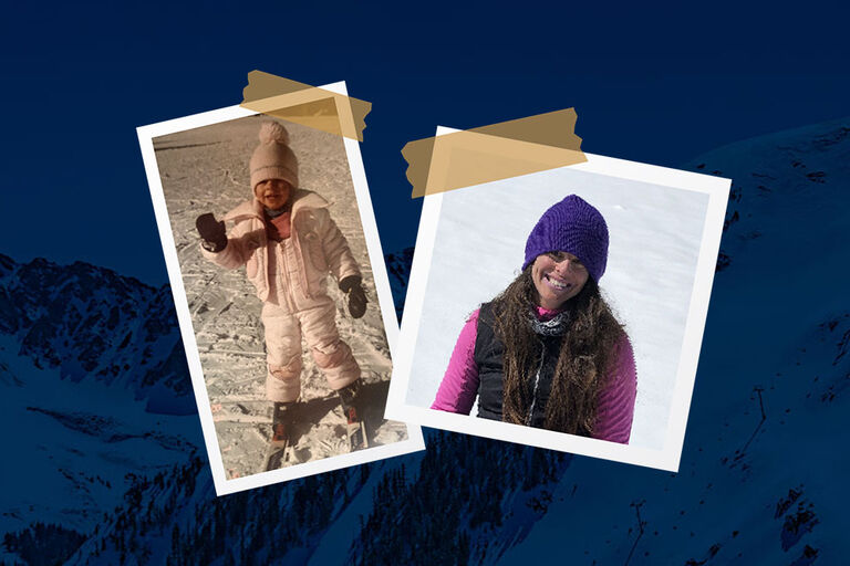 scrapbook-style images of erika as a small child and as an adult over a blue mountain background 