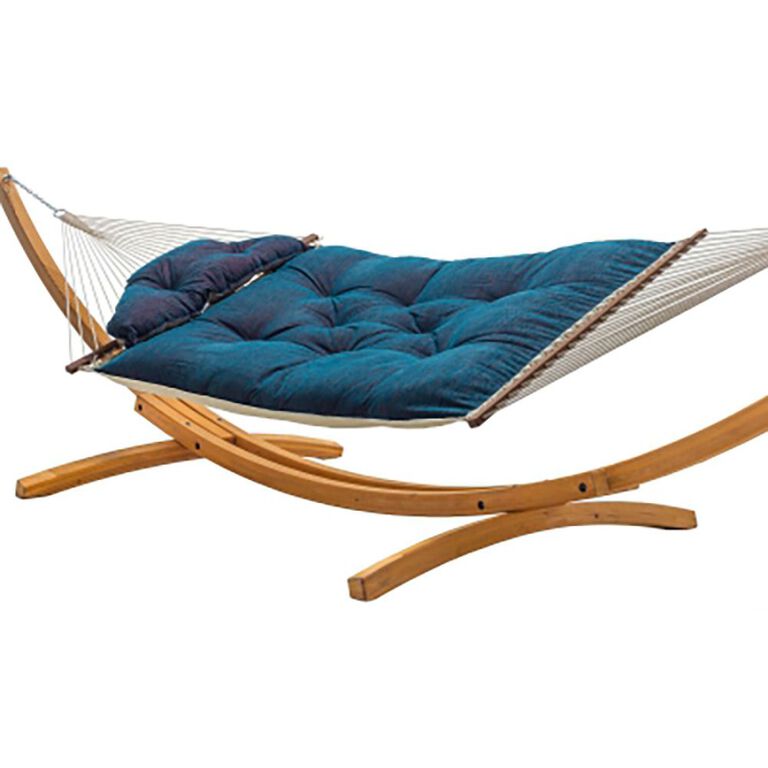 Blue Tufted Hammock on Wooden Stand
