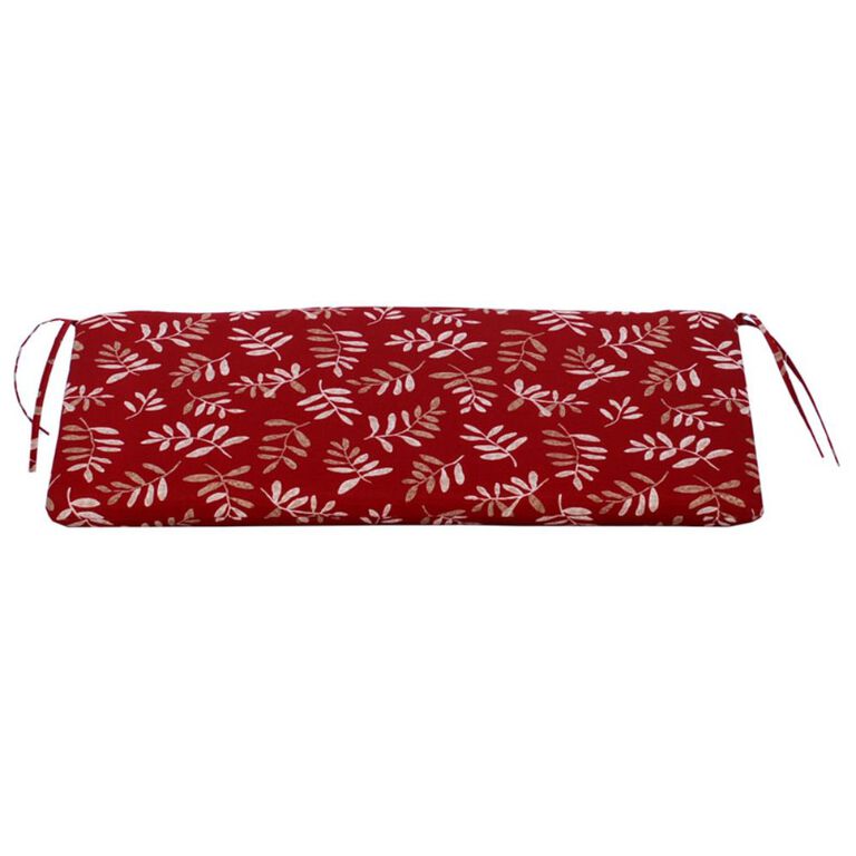 Red Leaf-Patterned Bench Cushion with Tie-ons