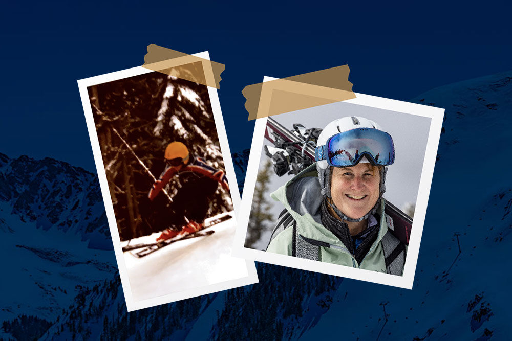 scrapbook-style images of tracy as a child and as an adult over a blue mountain background 