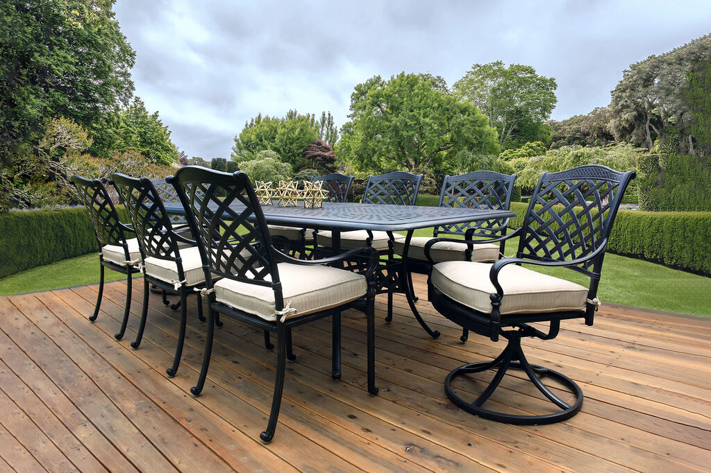 Berkshire by Hanamint cast aluminum dining furniture collection on wooden deck