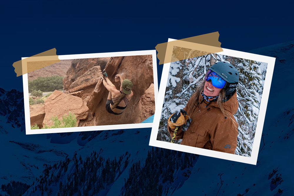 scrapbook-style images of Clare rock climbing and skiing over a blue mountain background 