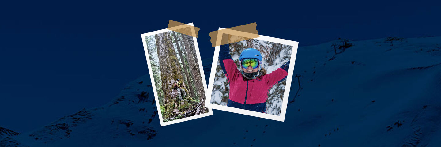 scrapbook style images of charlotte hiking and skiing over blue mountain background
