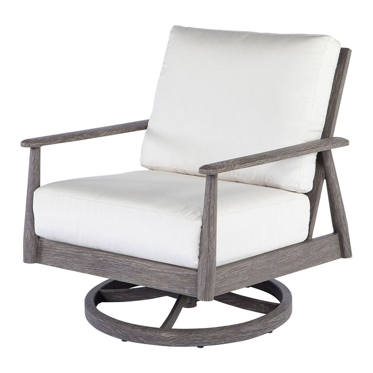 Grey Patio Lounge Chair with white cushions and swivel base