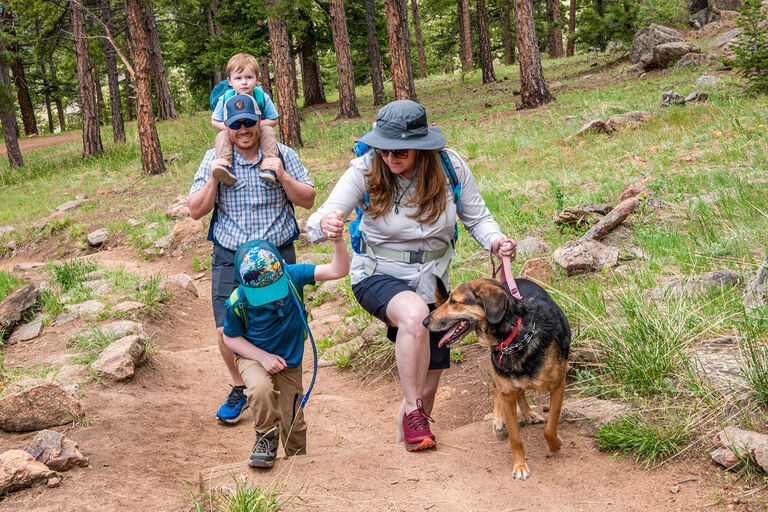 family and their dog outside hiking in the mountains