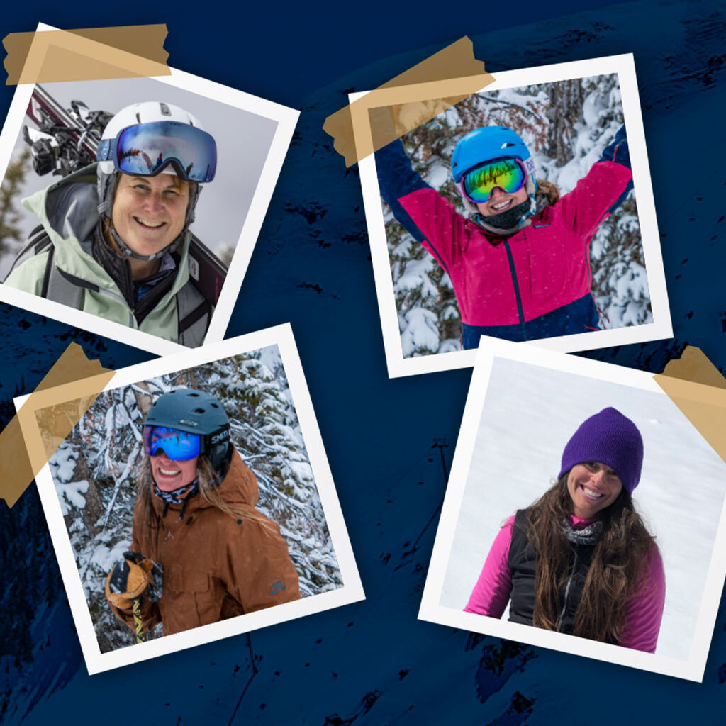 scrapbook-style pictures of 4 women over blue mountain background 