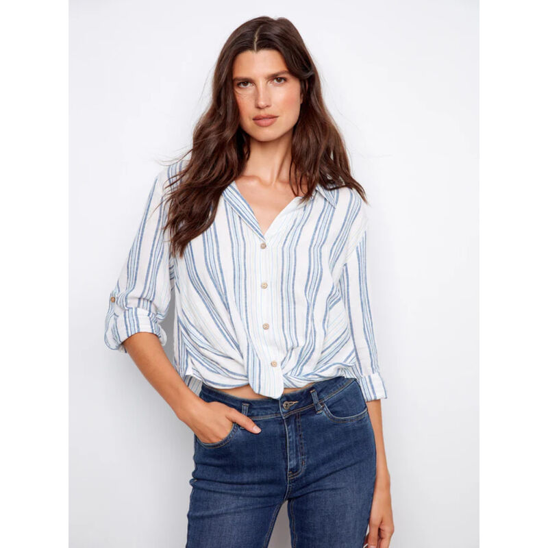 Charlie B Striped Linen Blend Shirt With Front Twist Womens image number 0
