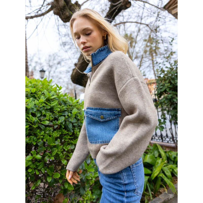 Charlie B Denim Detail Sweater Jacket Womens image number 7