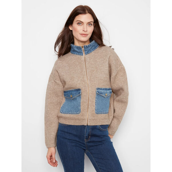 Charlie B Denim Detail Sweater Jacket Womens