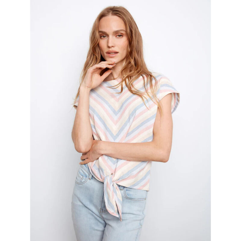 Charlie B Striped Linen Blend Tie-Front Blouse Womens image number 0