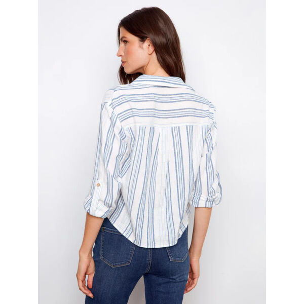 Charlie B Striped Linen Blend Shirt With Front Twist Womens