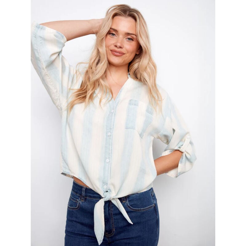 Charlie B Striped Linen Blend Blouse With Front Tie Womens image number 2