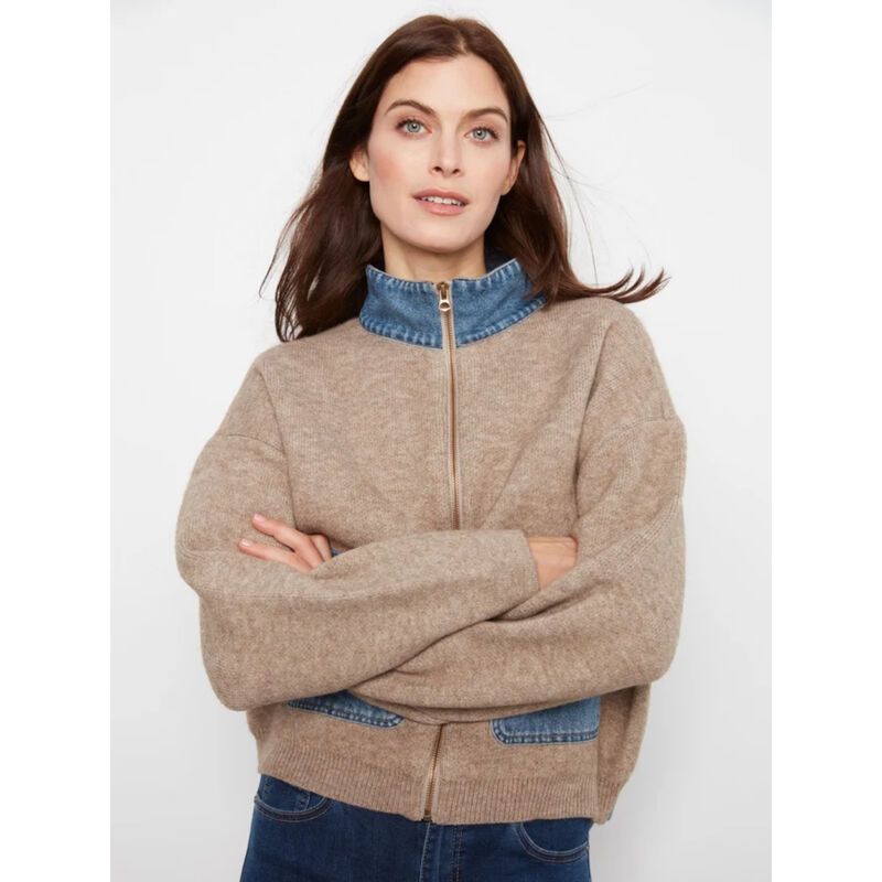 Charlie B Denim Detail Sweater Jacket Womens image number 4