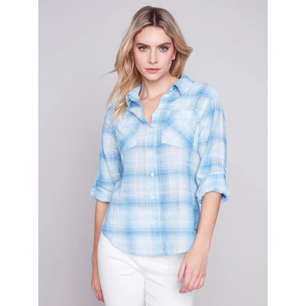 Charlie B Plaid Cotton Gauze Shirt Womens