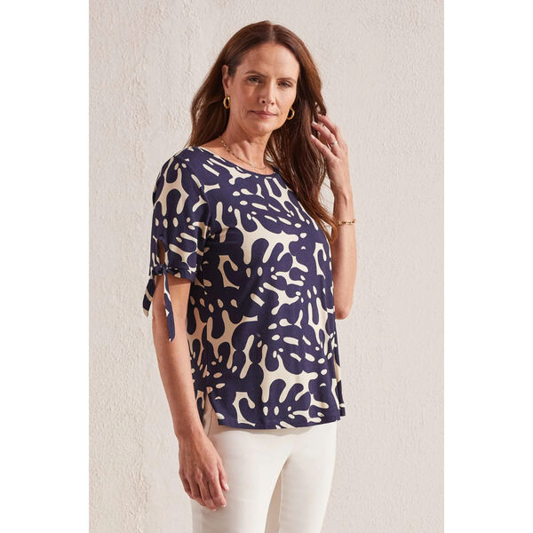 Tribal Printed Crew Neck Top With Short Sleeve Ties Womens