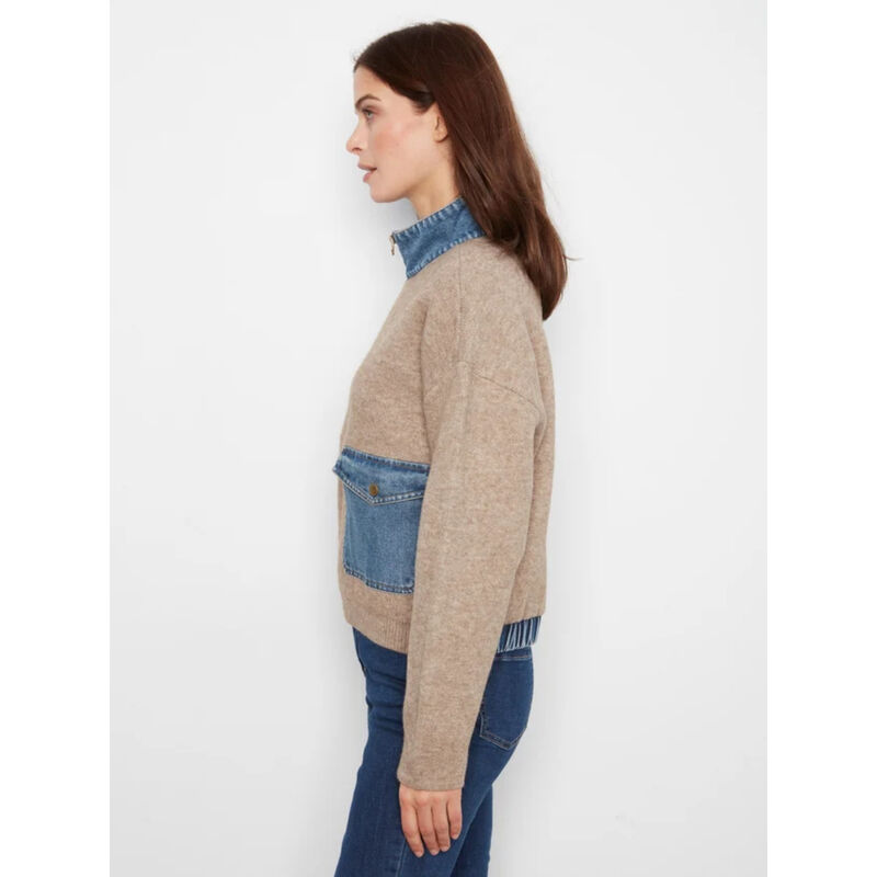 Charlie B Denim Detail Sweater Jacket Womens image number 1