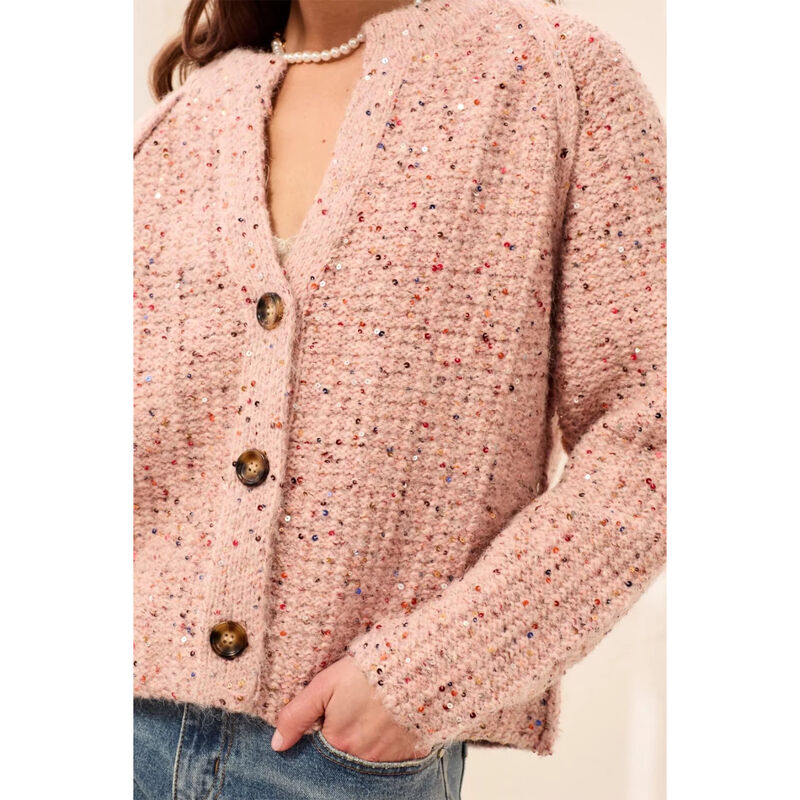 Tribal Sequined Button Front Notch Neck Sweater Cardigan Womens image number 3