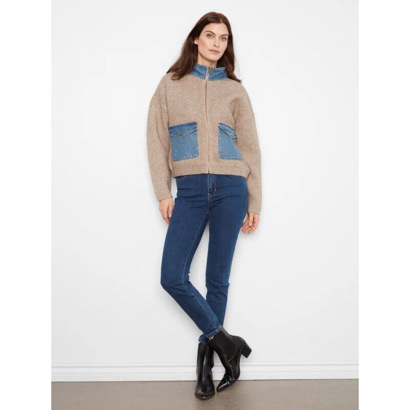 Charlie B Denim Detail Sweater Jacket Womens image number 3