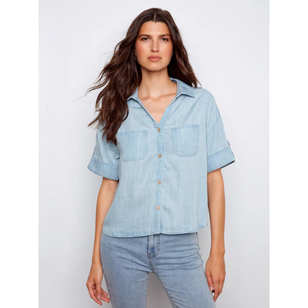 Charlie B Short Sleeve Button-Front Tencel Shirt Womens