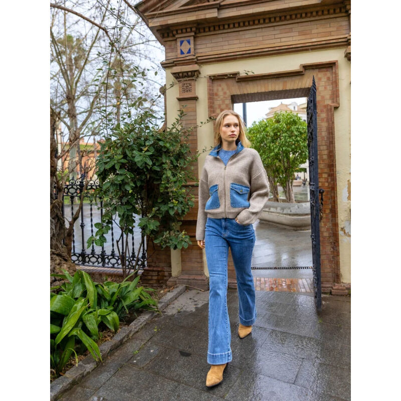 Charlie B Denim Detail Sweater Jacket Womens image number 6
