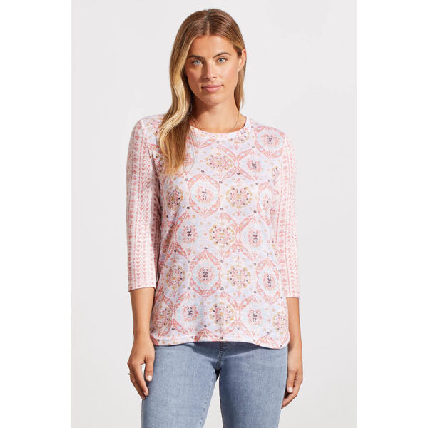 Tribal Three-Quarter Sleeve Top with Combo Print Womens