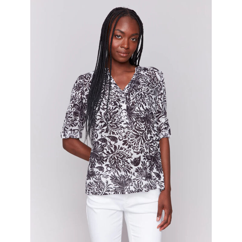 Charlie B Printed Cotton Gauze Half-Button Blouse Womens image number 0