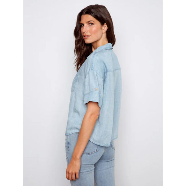 Charlie B Short Sleeve Button-Front Tencel Shirt Womens