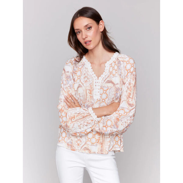 Charlie B Printed Raglan Blouse with V-Notch Neckline Womens