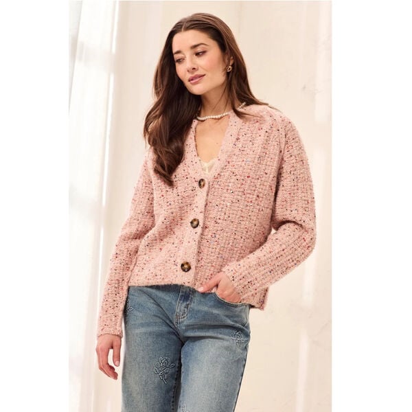 Tribal Sequined Button Front Notch Neck Sweater Cardigan Womens