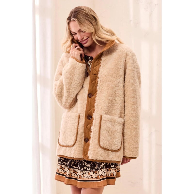 Tribal Reversable Faux Suede and Sherpa Fur Funnel Neck Jacket Womens image number 0