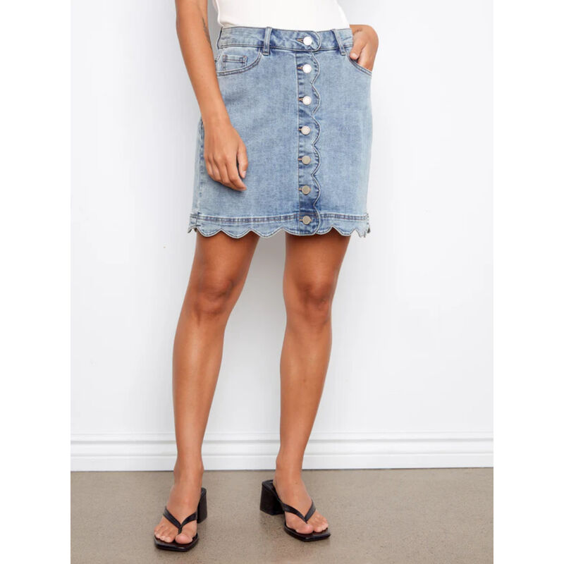 Charlie B Scalloped Hem Button-Front Denim Skort Womens image number 2